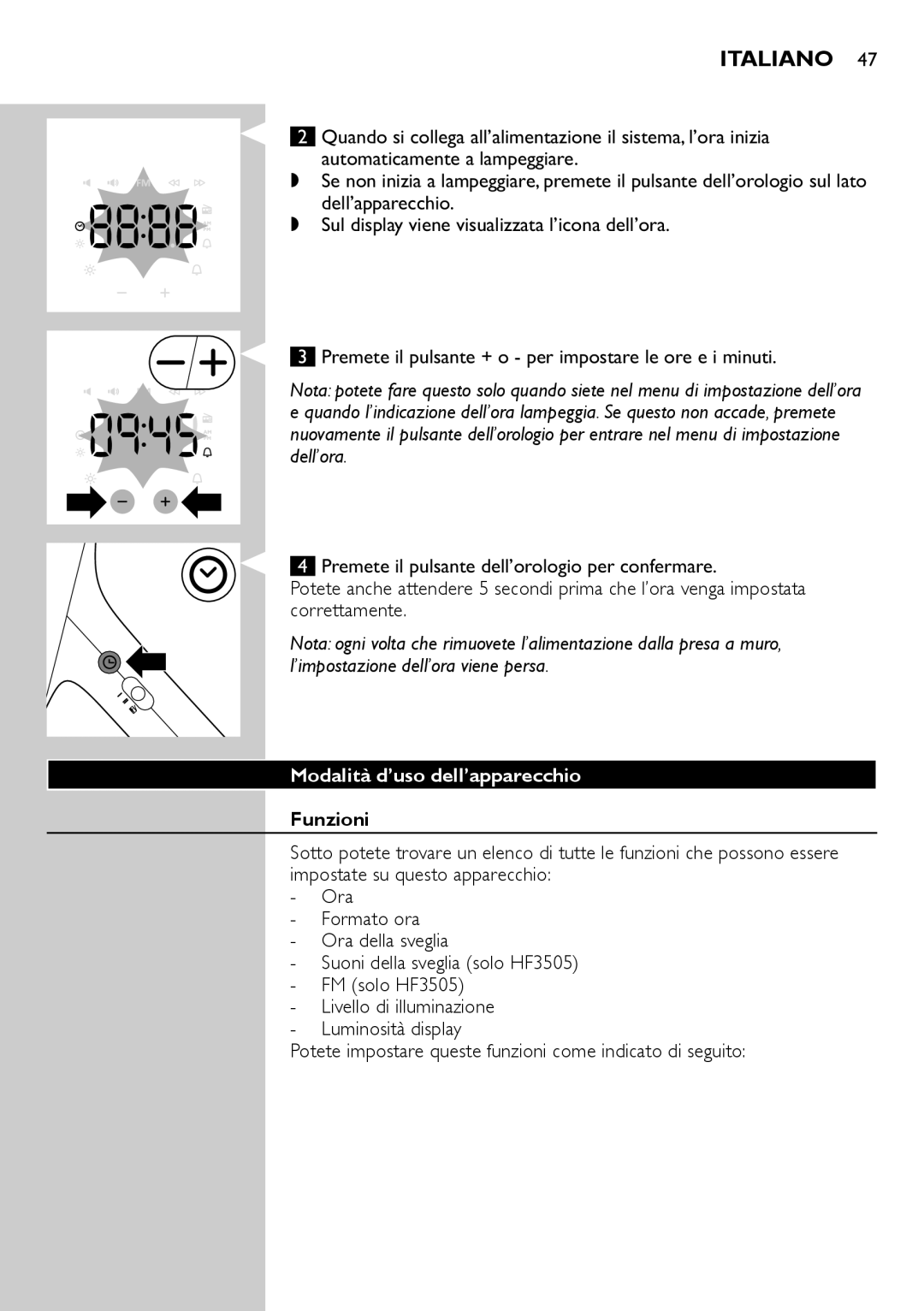 Philips HF3500, HF3505 manual Italiano, Modalità d’uso dell’apparecchio, Funzioni  